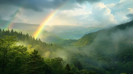 Poster - A rainbow is seen in the sky above a forest
