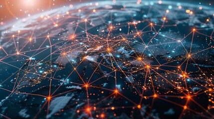 Poster - Digital illustration depicting the interconnectedness of the world through a network of glowing lines and nodes, symbolizing global communication and data flow.