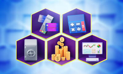 Poster - Financial accounting. Economic analysis symbols. Money and safe on blue. Calculator and pos terminal for store. Computer with financial accounting software. Accounting equipment. 3d image