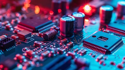 Poster - Close-up of a circuit board with red and blue light illuminating the components. The intricate design of the board reveals the complexity of modern electronics.