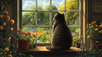 Aufkleber - A fat cat sitting regally on a windowsill, gazing out at a beautiful garden, exuding an air of quiet contemplation.