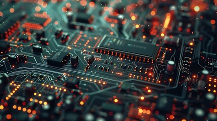 Poster - Close-up of a microchip and surrounding circuitry, illuminated by glowing lights. The image showcases the intricate design of modern electronics and the power of technology.