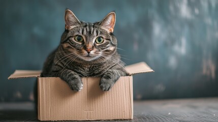 Poster - A fat gray tabby cat sitting in a small cardboard box, clearly too big for it, with a playful expression on its face.