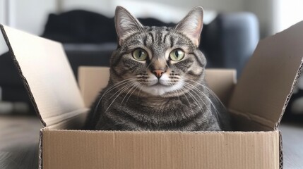 Poster - A fat gray tabby cat sitting in a small cardboard box, clearly too big for it, with a playful expression on its face.