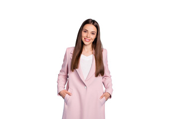 Canvas Print - Photo of amazing lady in good mood wear pastel color demi-season coat isolated on blue background