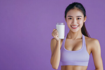 Sticker - A young Asian woman in sportswear holds a glass of milk and flexes her biceps, isolated against a purple background.