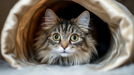 Poster - A fluffy cat peering out from a cat tunnel, its eyes sparkling with playful mischief.