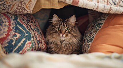 Poster - A fluffy cat with bright, inquisitive eyes sitting in a cozy nook filled with pillows and blankets.