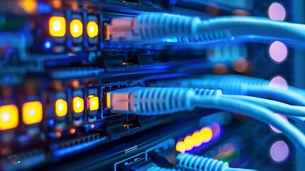 Poster - Close-up shot of a server rack with network cables plugged into the back, showing the intricate details of data center infrastructure.