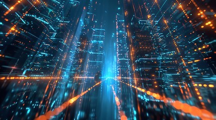 Poster - abstract representation of a futuristic city with bright lights and digital elements, symbolizing th