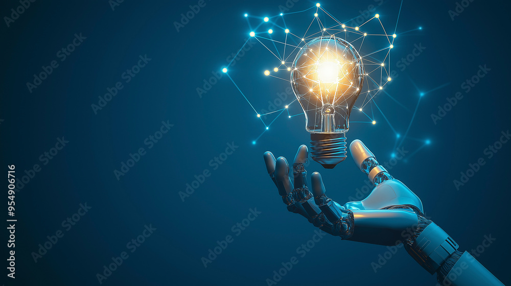 Robot hand holds a glowing light bulb representing innovation and ...