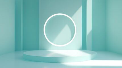 Poster - modern minimalistic interior featuring a circular light fixture in a turquoise setting with soft lig