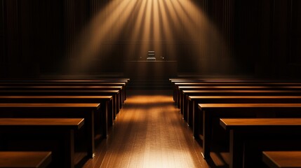 A serene interior of a church featuring wooden pews illuminated by soft, warm light creating a peaceful atmosphere.