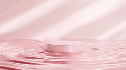 3D luxury pink stage with a floating round pedestal for product display, surrounded by ripples of creamy liquid, perfect for cosmetics or skincare ads.