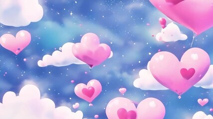 Wall Mural - a romantic, dreamy, pastel-colored illustrated valentine's day video with pink hearts floating in a 