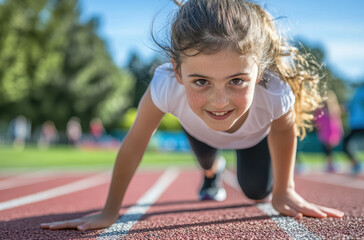 Wall Mural - a young girl wearing white t-shirt and black capri pants, on the starting line of running track in school sports ground doing athletic poses like runner about to start race