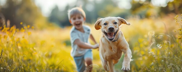 Happy dog running through a sunny meadow, followed by a joyful child, capturing a moment of playful freedom.