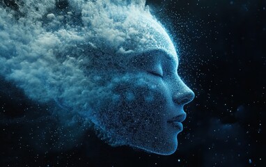Poster - Abstract Digital Human Face Dissolving into Blue Particles and Glowing Lights on Dark Background.