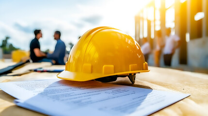 A yellow hard hat placed on construction documents, symbolizing safety and planning in a building project.