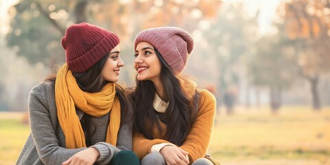 Wall Mural - Two women wearing hats and scarves are sitting on the grass. They are smiling at each other