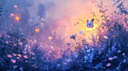 Wall Mural - Magical Sunset Meadow with Flying Butterflies, Watercolor Painting, Fantasy Illustration