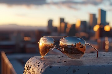 Golden hour reflections of a city skyline captured in stylish sunglasses resting on a concrete ledge