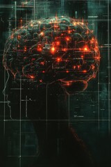 Poster - Digital Brain - Abstract Art with Glowing Circuitry and Lines.