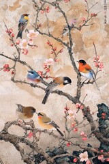 Canvas Print - This traditional Chinese painting captures the essence of spring with blossoming trees and colorful birds.