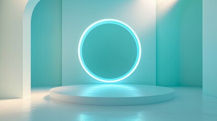 Poster - Minimalist teal studio with a glowing circular backdrop for creative presentations and photo shoots in modern design