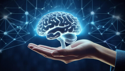 Aufkleber - Hand Holding Human Brain - Futuristic Concept of Intelligence, science and mind.