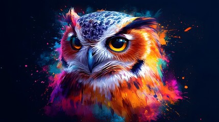 Sticker - Colorful Owl Portrait with Paint Splatter Abstract Background