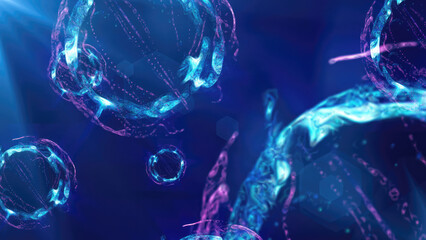 Poster - A vibrant depiction of floating blue spheres in a cosmic environment, resembling microscopic particles or cells in a glowing, ethereal space