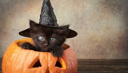 Black cat wearing a witch hat inside a carved pumpkin