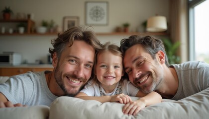 A joyful family moment indoors with two men and a young girl smiling together on a cozy couch during the daytime