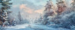 © Abstract Design - Christmas festive snow-covered landscape with trees and fog, bathed in the warm glow of the setting winter sun. enchanting scene that evokes both joyous celebration and peaceful solitude.