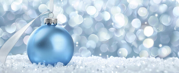 Blue Christmas background with silver decorations and white snowflakes bokeh backdrop.ornaments include large round balls delicate patterns stars suspended from ribbons snow.