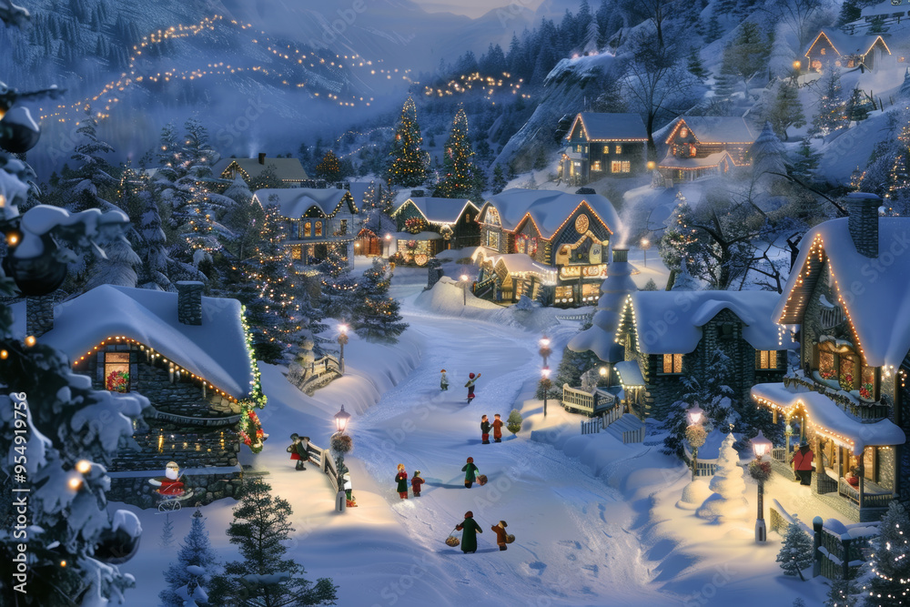 Charming Christmas village with snow-covered cottages, bustling festive ...