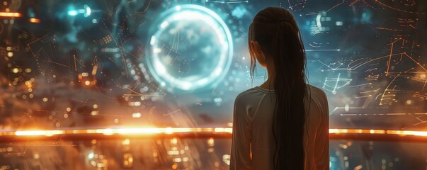 Wall Mural - Woman standing before a glowing, futuristic digital cityscape at night. Free copy space for text.