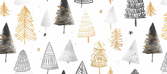 Seamless pattern of hand-drawn festive Christmas trees shapes in various sizes, paper, white background