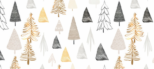 Seamless pattern of hand-drawn festive Christmas trees shapes in various sizes, paper, white background