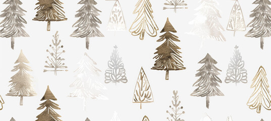Seamless pattern of hand-drawn festive Christmas trees shapes in various sizes, paper, white background
