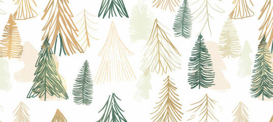 Seamless pattern of hand-drawn festive Christmas trees shapes in various sizes, paper, white background