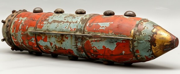 Vintage weathered red and blue rocket-shaped object with gold tip.