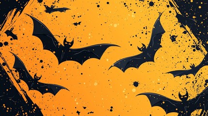 Numerous black bats with outstretched wings flying against an abstract vibrant orange and black background, creating a visually energetic and somewhat eerie atmosphere.