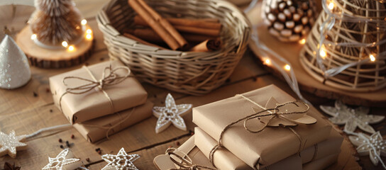 Canvas Print - Christmas craft stack of gift boxes, wrapped in brown paper and twine, sits on the table next to small wooden tree ornaments decorated with white string lights. Wicker basket with cinnamon sticks