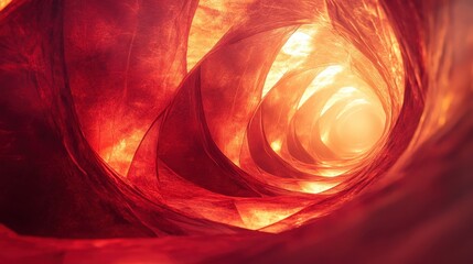 Abstract Red and Orange Fabric Tunnel with Light at the End.