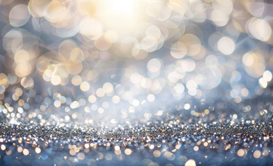 Poster - Abstract Christmas festive background with bokeh lights and glitter, shiny white, blue, and silver colors, blurred lights, blurred bokeh effect, light shining.