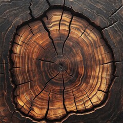 Wall Mural - Closeup of Cracked Tree Trunk Cross Section with Visible Growth Rings and Texture.