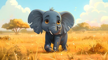 cute cartoon elephant walking through savanna grassland.