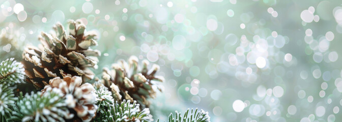 Festive background with green pine tree branches and snow falling, banner, copy space concept for nature, Christmas, New Year, winter season, and spring background, banner